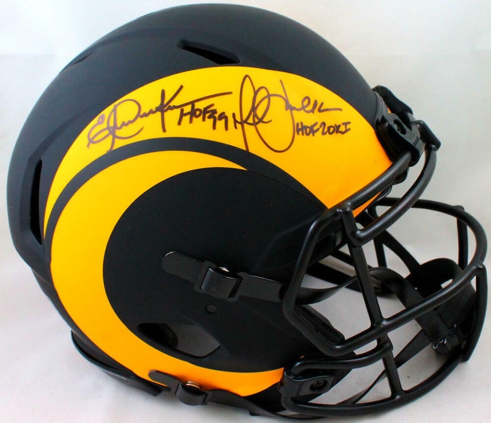 Marshall Faulk Eric Dickerson Signed Rams Helmet Beckett Authenticated: Marshall Faulk Eric Dickerson Signed Rams Helmet Beckett Authenticated This authentic full-sized helmet, featuring signatures from legendary players Marshall Faulk and Eric Dickerson, represents the S