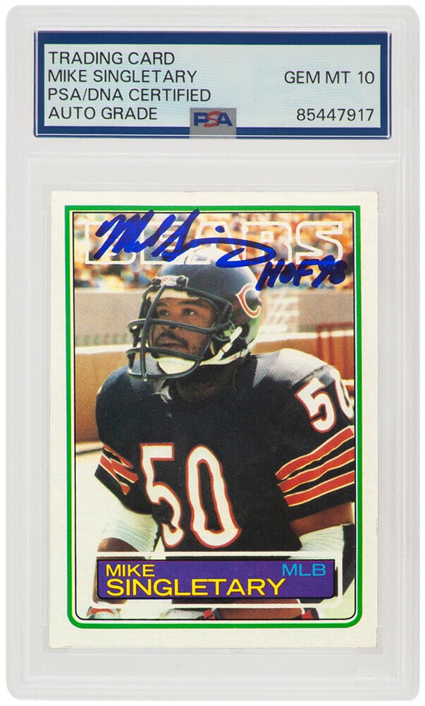 Mike Singletary Signed 1983 Topps RC Card #38 HOF Inscription PSA 10: Mike Singletary Signed 1983 Topps RC Card #38 HOF Inscription PSA 10 This is a signed rookie football trading card of Mike Singletary, featuring the Chicago Bears and produced by Topps in 1983. The ca
