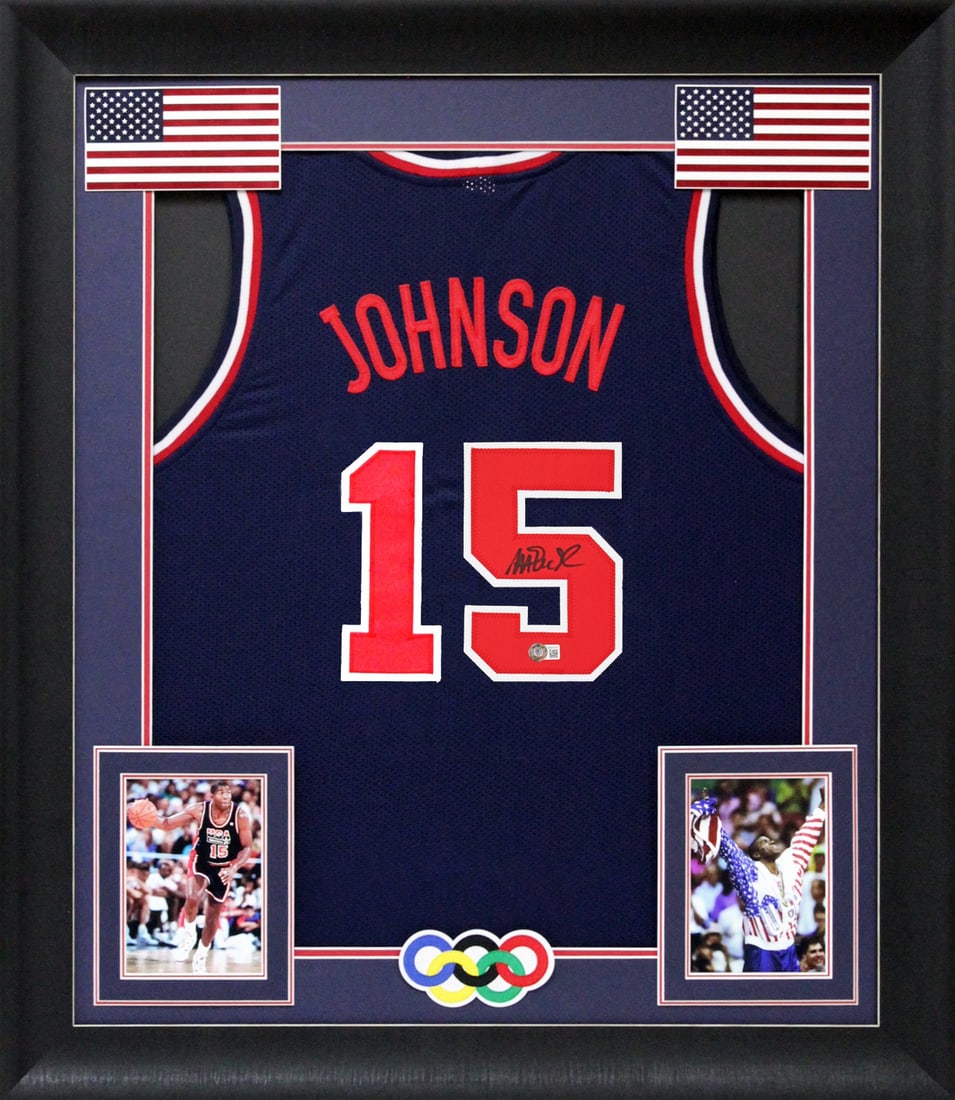 Magic Johnson Signed Team USA Navy Blue Framed Jersey BAS Witnessed: Magic Johnson Signed Team USA Navy Blue Framed Jersey BAS Witnessed Celebrate the legacy of basketball legend Magic Johnson with this authentic, navy blue framed Team USA jersey. Personally signed by