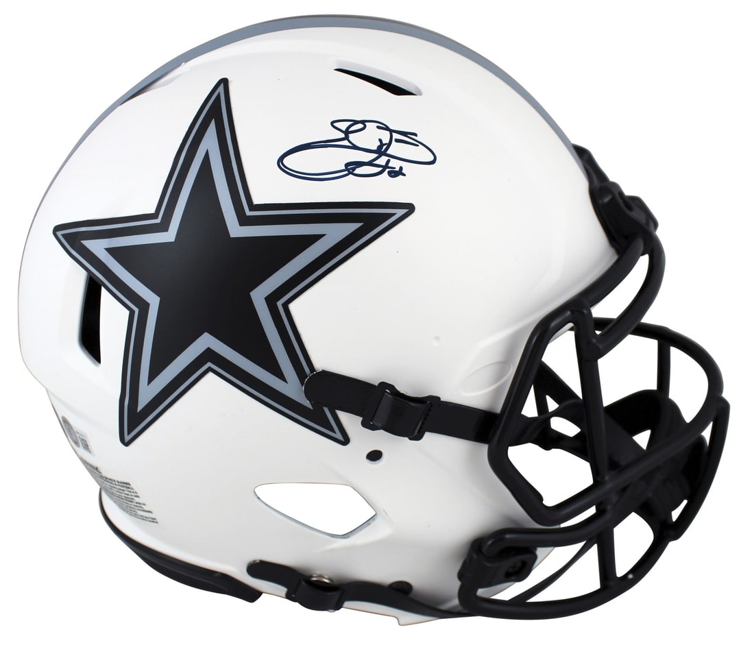 Emmitt Smith Signed Dallas Cowboys Lunar Full Size Helmet BAS Witnessed: Emmitt Smith Signed Dallas Cowboys Lunar Full Size Helmet BAS Witnessed This authentic full-size lunar speed proline helmet is personally signed by Emmitt Smith, the legendary running back of the Dall