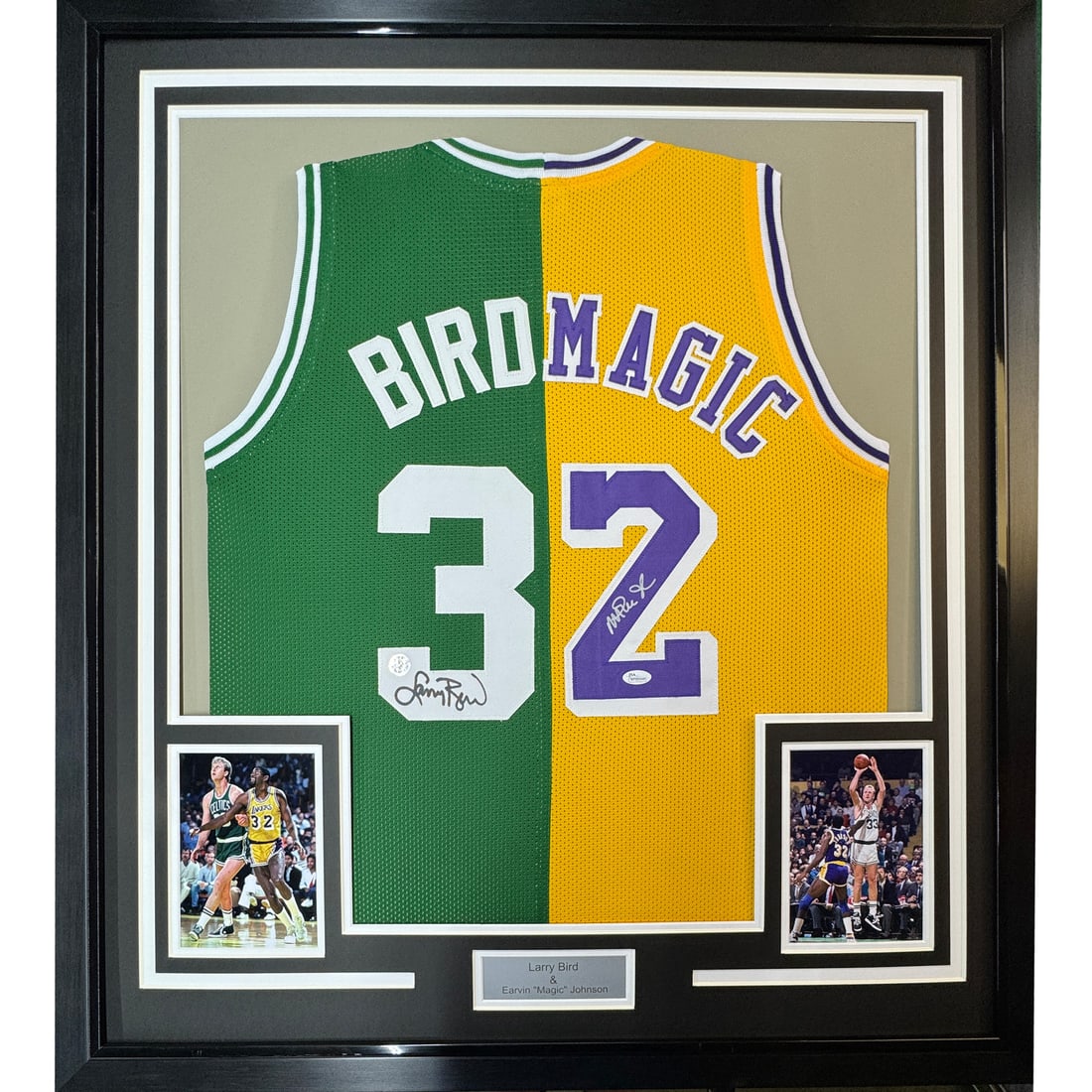 Framed Dual Jersey Signed by Larry Bird & Magic Johnson PSA COA 35x39 NBA: Framed Dual Jersey Signed by Larry Bird & Magic Johnson PSA COA 35x39 NBA Celebrate the legacy of basketball legends with this framed dual jersey featuring autographs from Larry Bird and Magic Johnson