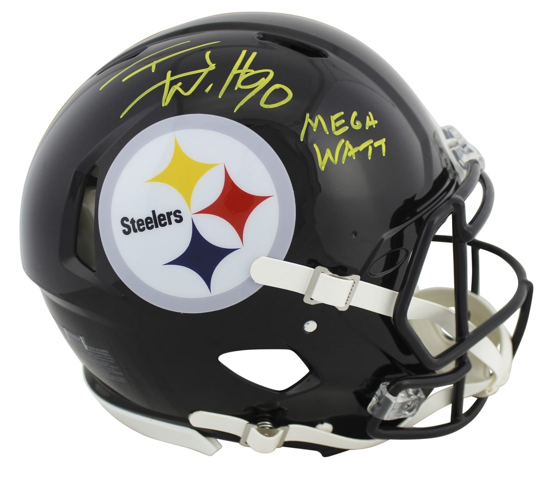 T.J. Watt Signed Steelers Proline Speed Helmet Mega Watt JSA Authenticated: T.J. Watt Signed Steelers Proline Speed Helmet Mega Watt JSA Authenticated This authentic Proline full-size speed helmet is personally signed by T.J. Watt of the Pittsburgh Steelers, featuring the ins