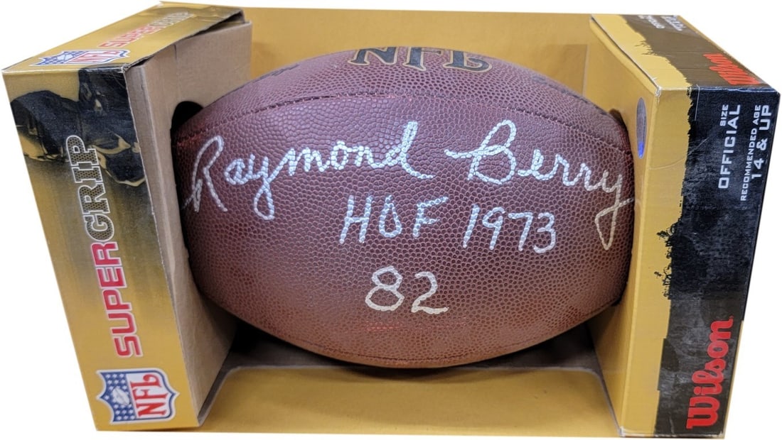 Raymond Berry Autographed Football HOF 1973 Baltimore Colts JSA Certified: Raymond Berry Autographed Football HOF 1973 Baltimore Colts JSA Certified This is a Raymond Berry signed football, featuring the inscription "HOF 1973," celebrating his induction into the Pro Football