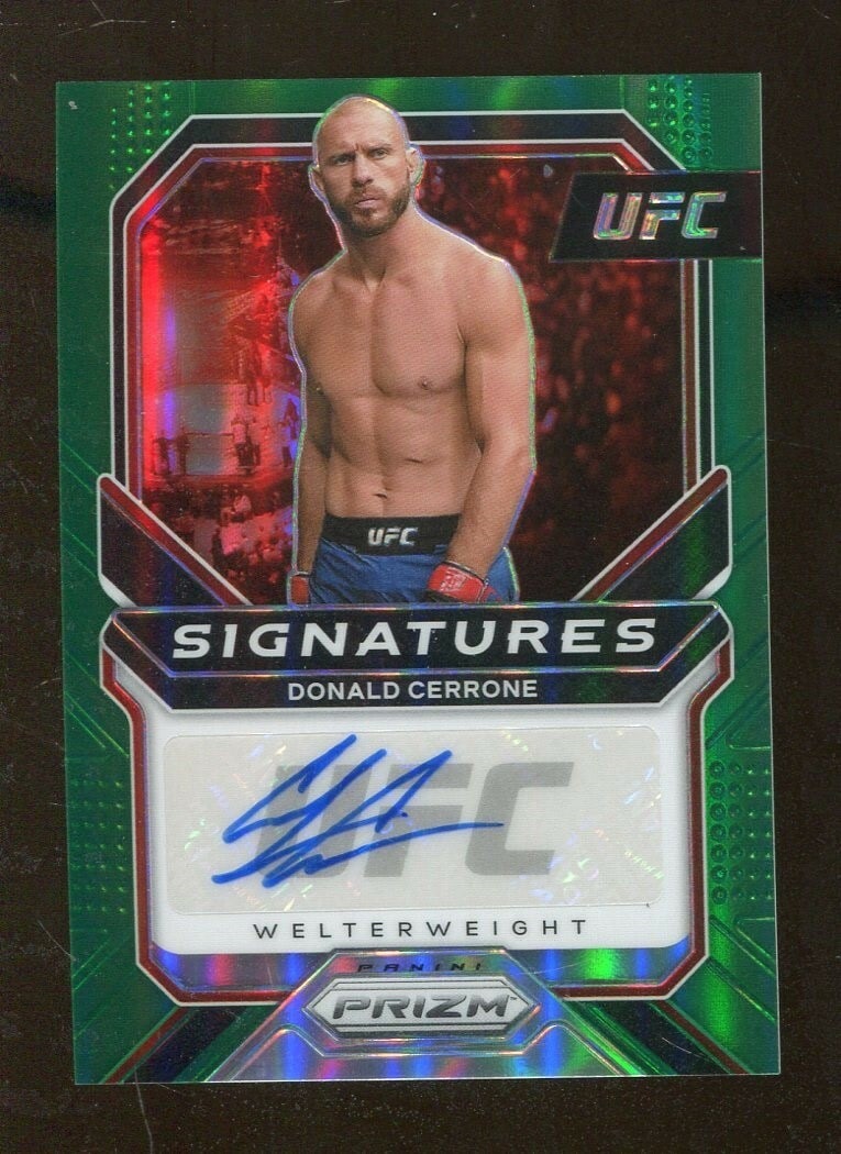 Donald Cerrone 2021 Panini Prizm UFC Green Refractor Auto Card: Donald Cerrone 2021 Panini Prizm UFC Green Refractor Auto Card This is a 2021 Panini Prizm UFC trading card featuring Donald Cerrone. It is an original card from the UFC series, showcasing Cerrone in