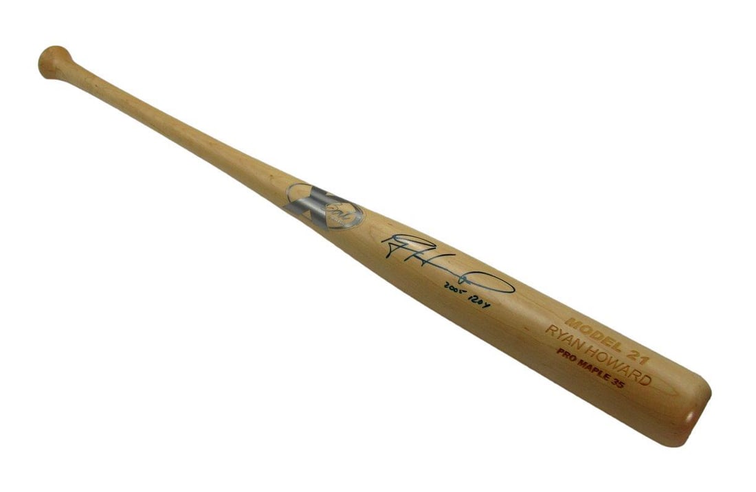 Ryan Howard Autographed X Bat Phillies 2005 ROY JSA Certified: Ryan Howard Autographed X Bat Phillies 2005 ROY JSA Certified This is a Ryan Howard autographed and inscribed "2005 ROY" X Bat, representing the Philadelphia Phillies. The bat is an original product a