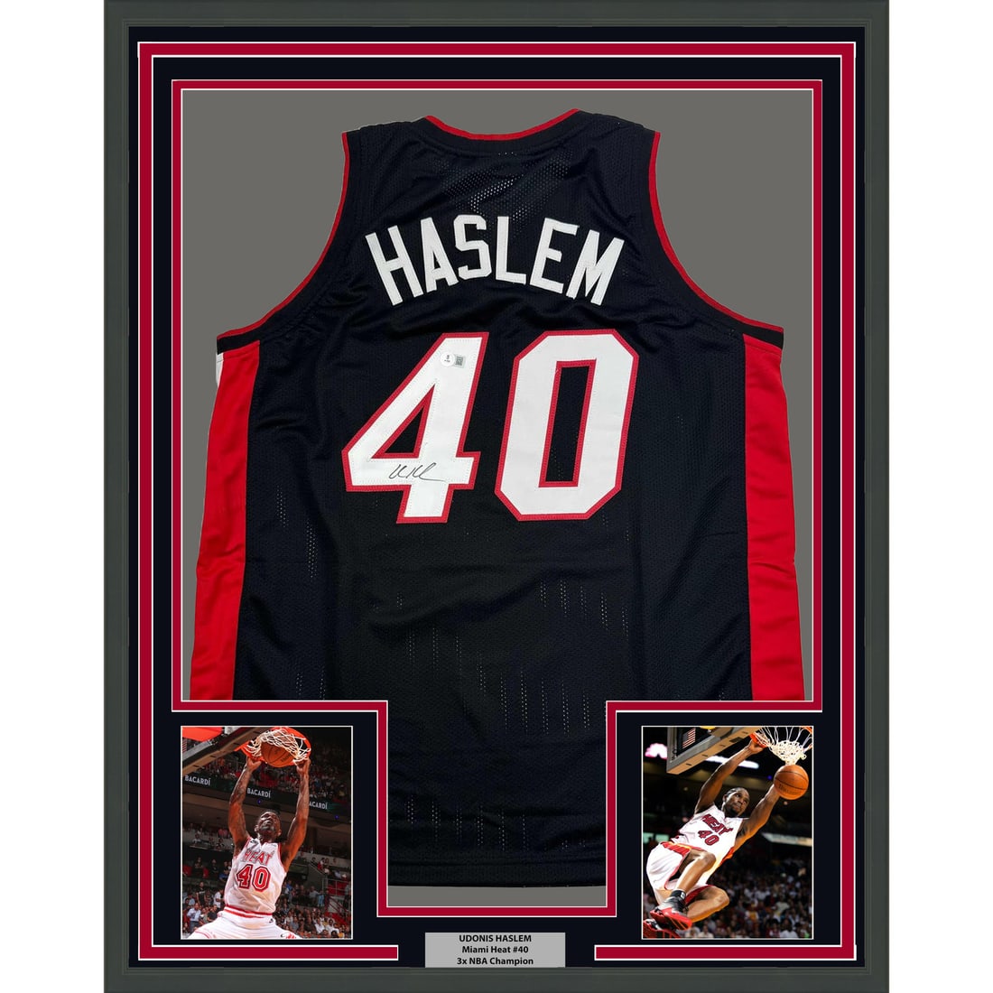 Framed Udonis Haslem Autographed Miami Heat Jersey BAS COA: Framed Udonis Haslem Autographed Miami Heat Jersey BAS COA This professionally framed and matted jersey features the autograph of Udonis Haslem, a renowned player of the Miami Heat. Measuring 35x39 in