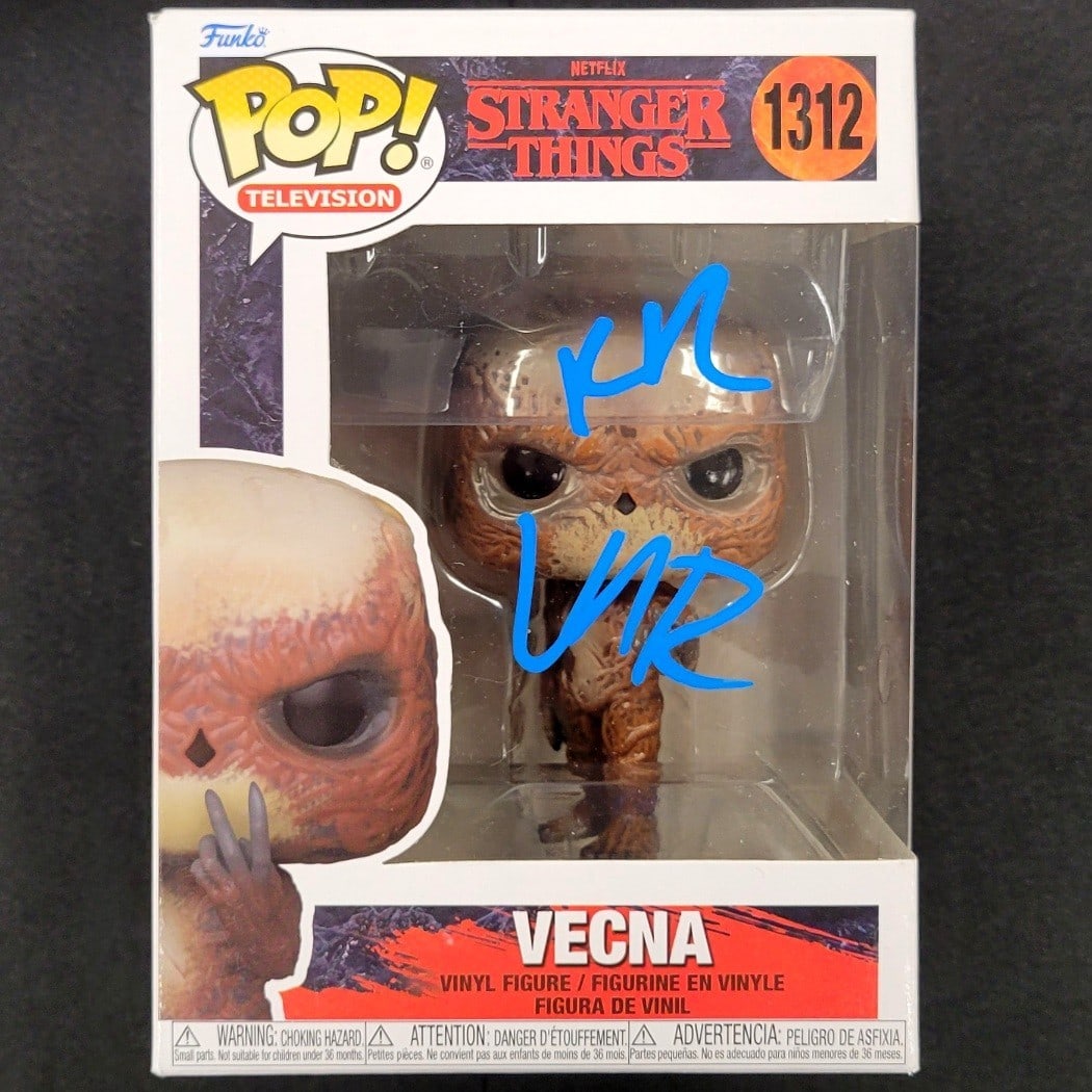Signed Vecna Funko Pop by Duffer Brothers Beckett Authenticated Stranger Things: Signed Vecna Funko Pop by Duffer Brothers Beckett Authenticated Stranger Things This original Funko Pop figure features Vecna from the popular show Stranger Things, signed by the creators Ross and Mat