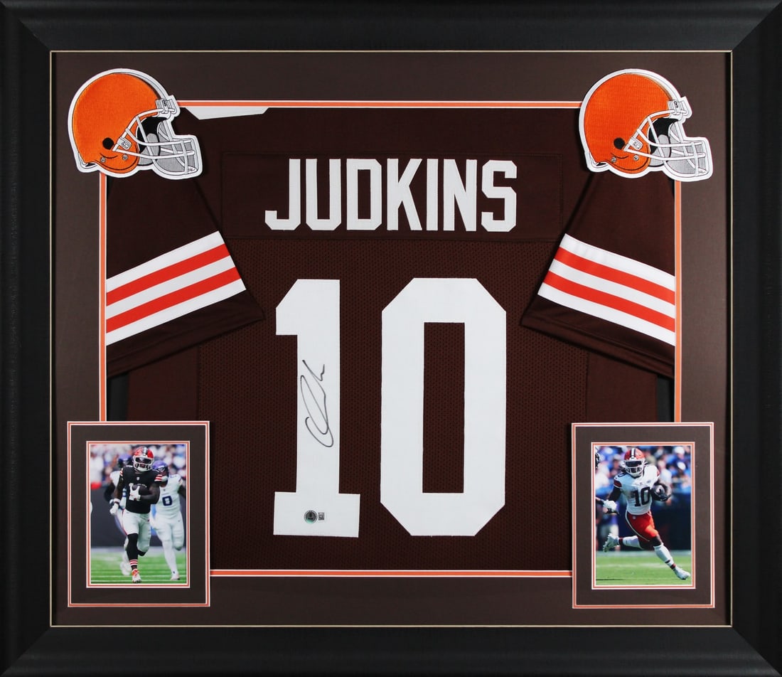 Quinshon Judkins Signed Cleveland Browns Framed Jersey BAS Authenticated: Quinshon Judkins Signed Cleveland Browns Framed Jersey BAS Authenticated This authentic signed jersey features Quinshon Judkins, a player from the Cleveland Browns. The jersey is a brown pro style, cu