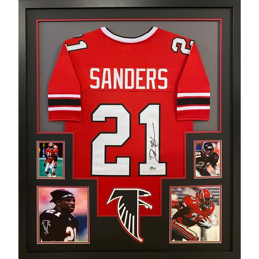 Deion Sanders Signed Framed Jersey TB Falcons Beckett Authenticated: Deion Sanders Signed Framed Jersey TB Falcons Beckett Authenticated This stunning framed jersey features the autograph of Deion Sanders, a legendary football player. Authenticated by Beckett, a leadin