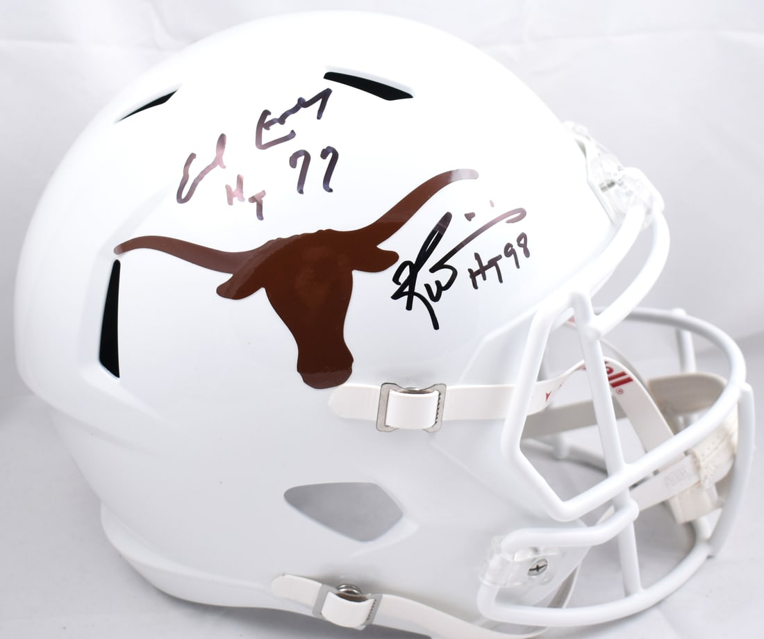 Ricky Williams Earl Campbell Signed Texas Longhorns Helmet Beckett Authenticated: Ricky Williams Earl Campbell Signed Texas Longhorns Helmet Beckett Authenticated This is a signed full-size Speed helmet featuring the iconic Texas Longhorns design, autographed by Ricky Williams, a c