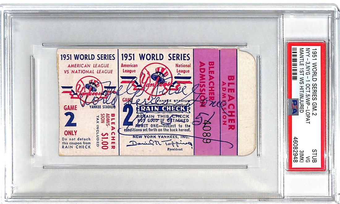 1951 World Series Ticket Stub Yankees vs Giants Mantle First Hit: 1951 World Series Ticket Stub Yankees vs Giants Mantle First Hit This is an original ticket stub from Game 2 of the 1951 World Series featuring the New York Yankees against the New York Giants. The ti