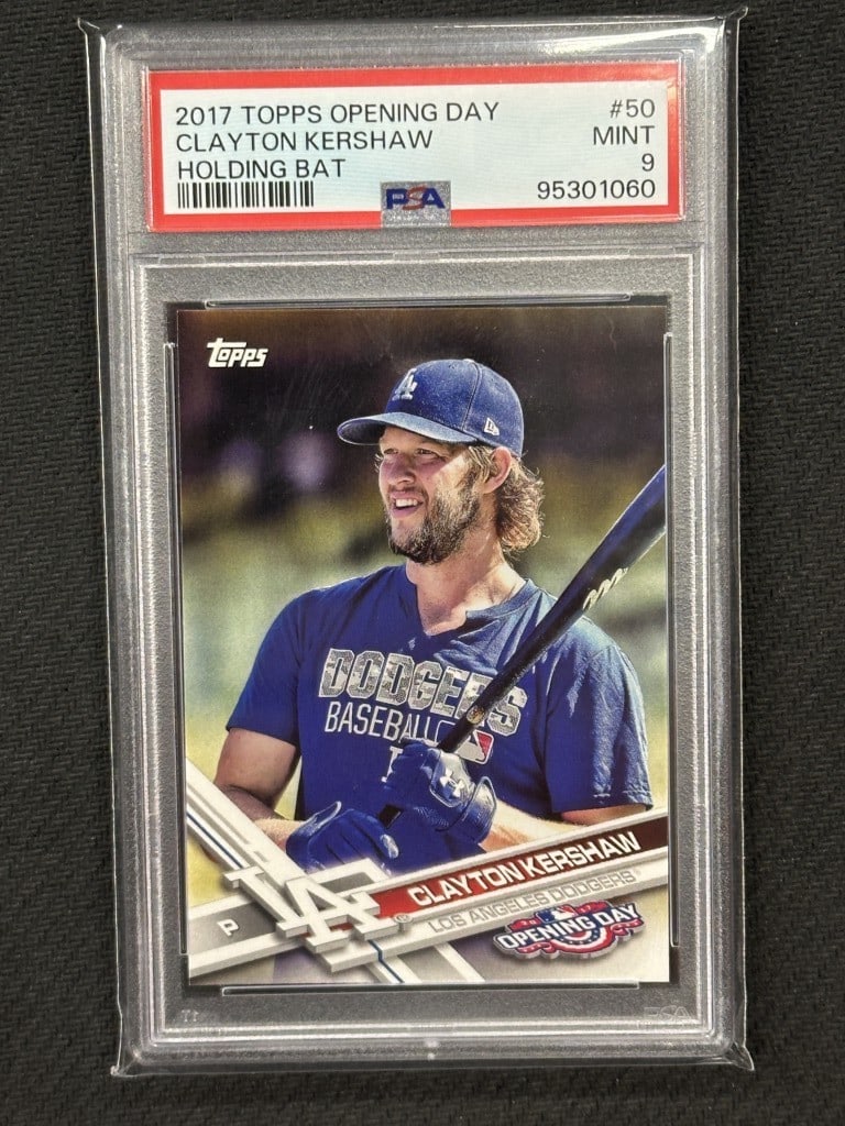 Clayton Kershaw 2017 Topps Opening Day SSP Baseball Card PSA 9 Mint: Clayton Kershaw 2017 Topps Opening Day SSP Baseball Card PSA 9 Mint This is a Clayton Kershaw baseball card from the 2017 Topps Opening Day series, featuring Kershaw holding a bat. It is graded by Pro