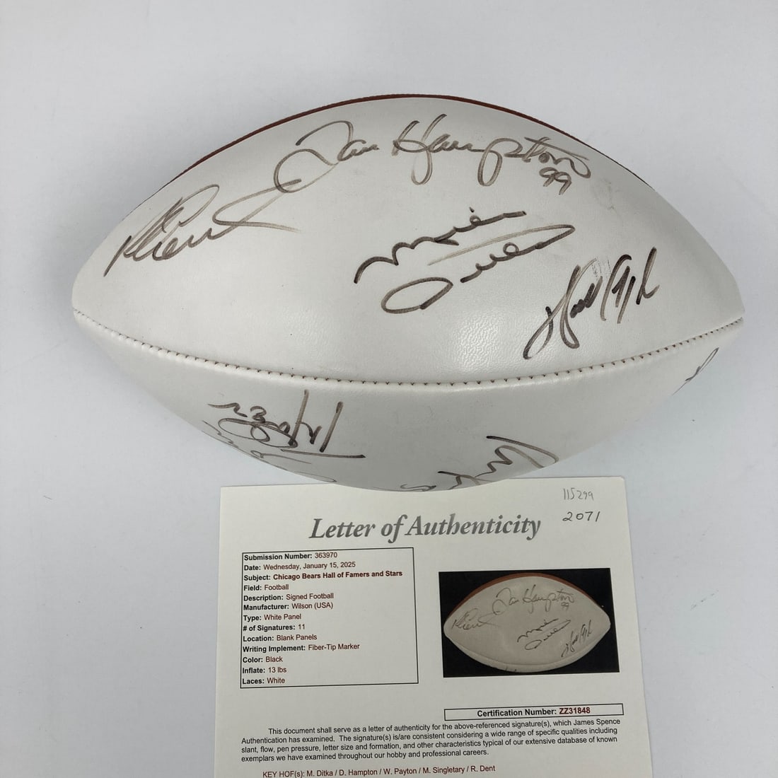 Walter Payton Bears Multi Signed Football with JSA COA: Walter Payton Bears Multi Signed Football with JSA COA Celebrate the legacy of the Chicago Bears with this Hall of Fame Legends Multi-Signed Football. This authentic football features 11 esteemed sign