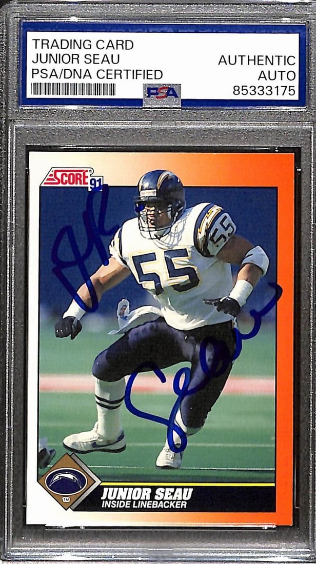 Junior Seau HOF Signed 1991 Score Card #354 PSA/DNA Chargers: Junior Seau HOF Signed 1991 Score Card #354 PSA/DNA Chargers This is an original, pre-owned trading card featuring Junior Seau, a Hall of Fame linebacker, from the 1991 Score series, numbered #354. Th