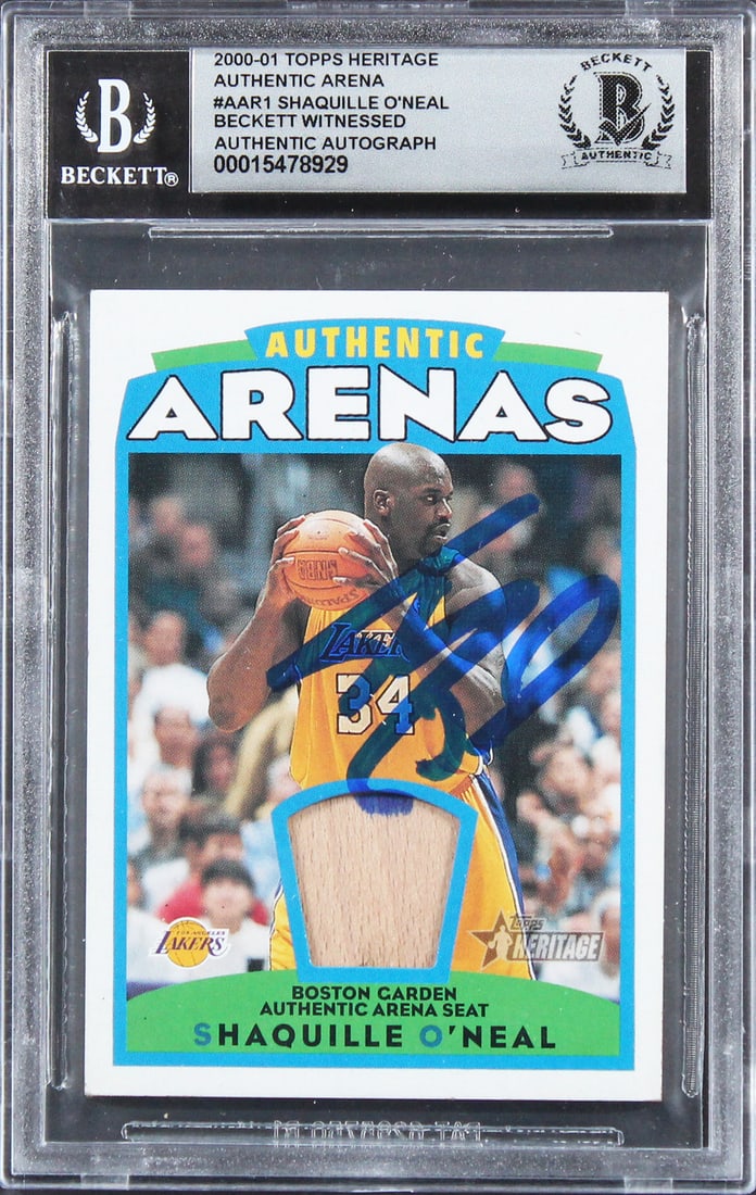 Shaquille O'Neal Signed 2000 Topps Heritage Arena Card Auto 10 BAS: Shaquille O'Neal Signed 2000 Topps Heritage Arena Card Auto 10 BAS This 2000 Topps Heritage Arena #AAR1 card features a Gem Mint 10 autograph of basketball legend Shaquille O'Neal, who played for the