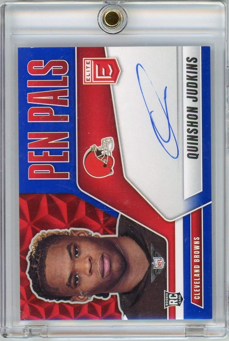 2025 Panini Donruss Elite Pen Pals Blue Quinshon Judkins Autographed RC Graded: 2025 Panini Donruss Elite Pen Pals Blue Quinshon Judkins Autographed RC Graded This is a 2025 Panini Donruss Elite Pen Pals Blue card featuring an authentic autograph from Quinshon Judkins, a player f