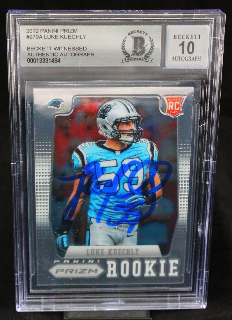 2012 Panini Prizm Luke Kuechly Autographed Card BGS 10: 2012 Panini Prizm Luke Kuechly Autographed Card BGS 10 This is a 2012 Panini Prizm #279A football trading card featuring Luke Kuechly, a standout player for the Carolina Panthers. This card is autogra