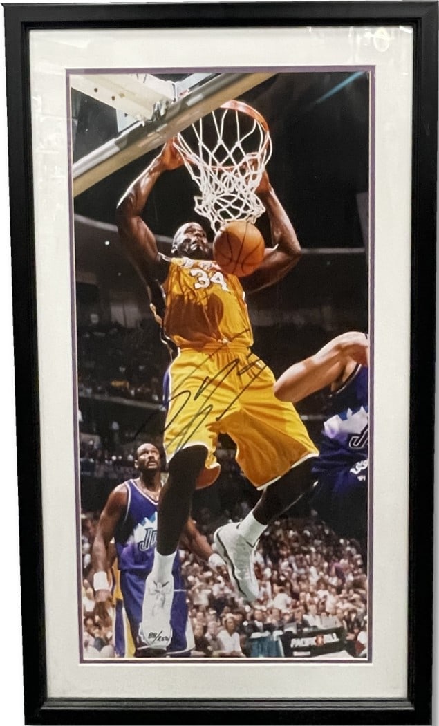 Shaquille O'Neal Signed Lakers Custom Framed Photo 88/250 GAI Authenticated: Shaquille O'Neal Signed Lakers Custom Framed Photo 88/250 GAI Authenticated This is an original autographed custom framed photo of Shaquille O'Neal, a legendary player of the Los Angeles Lakers. The p
