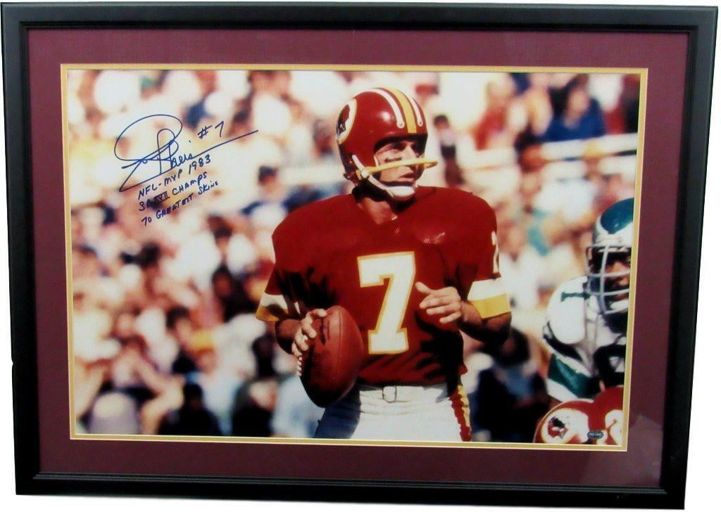Framed 20x30 Photo Joe Theismann Autograph With Inscription PSA DNA Authenticated: Framed 20x30 Photo Joe Theismann Autograph With Inscription PSA DNA Authenticated This stunning 20x30 color photo of Joe Theismann, a legendary quarterback for the Washington Redskins, is beautifully