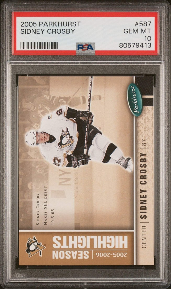 2005 Upper Deck Parkhurst Sidney Crosby #587 Rookie Card PSA 10: 2005 Upper Deck Parkhurst Sidney Crosby #587 Rookie Card PSA 10 Celebrate the NHL debut of Sidney Crosby with this graded 2005 Upper Deck Parkhurst #587 Rookie Card. This card has been professionally