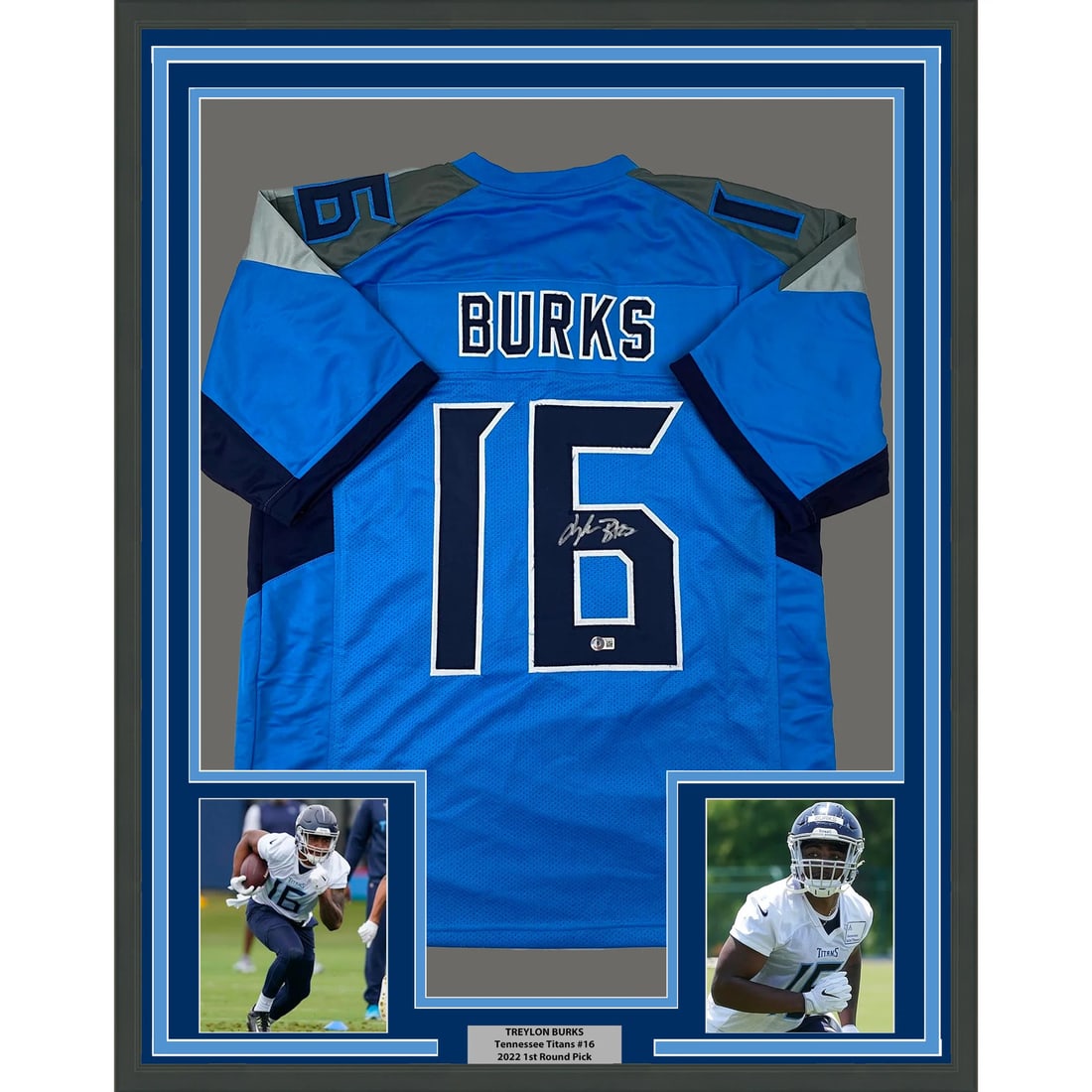 Framed Treylon Burks Autographed Jersey Tennessee Titans Beckett COA Gem Mint: Framed Treylon Burks Autographed Jersey Tennessee Titans Beckett COA Gem Mint Celebrate your passion for football with this stunning framed autographed jersey of Treylon Burks. This unique piece featu