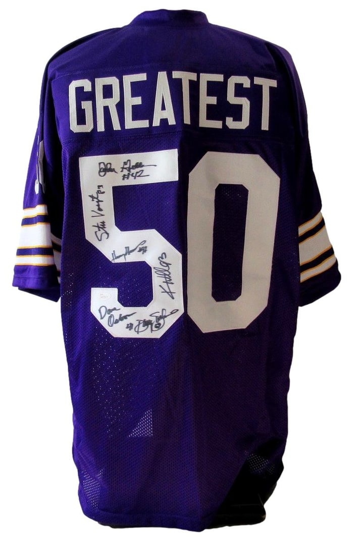 Minnesota Vikings Multi-Signed Jersey by 6 with JSA Authentication: Minnesota Vikings Multi-Signed Jersey by 6 with JSA Authentication Celebrate the legacy of the Minnesota Vikings with this great multi-signed custom jersey, autographed by six notable players. This or