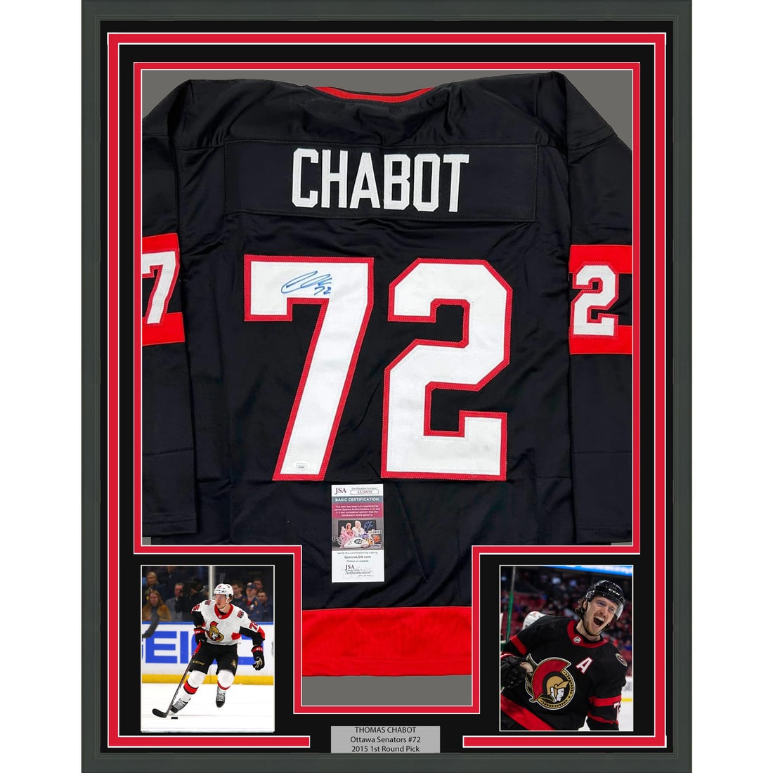Framed Signed Thomas Chabot Ottawa Senators Jersey with JSA COA: Framed Signed Thomas Chabot Ottawa Senators Jersey with JSA COA This professionally framed and autographed Thomas Chabot Ottawa Senators black jersey is a must-have for any NHL fan. Measuring 35x39 in