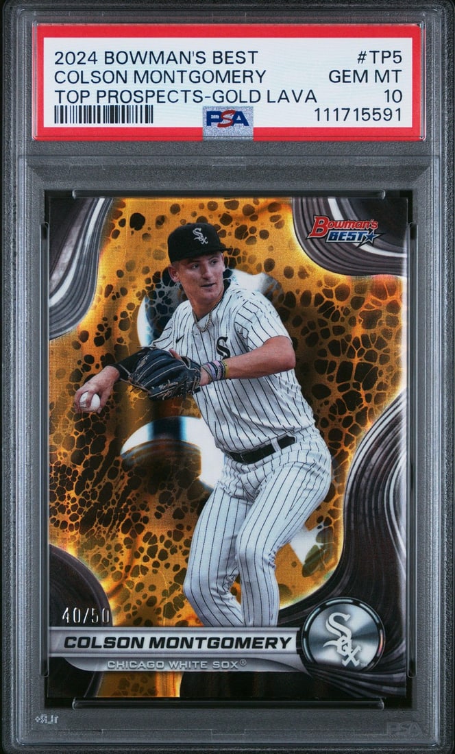 2024 Bowman Best Colson Montgomery Gold RC #TP5 /50 PSA 10 Baseball Card: 2024 Bowman Best Colson Montgomery Gold RC #TP5 /50 PSA 10 Baseball Card This is a graded 2024 Bowman Best Colson Montgomery #TP5 Gold /50 RC Baseball Card, encapsulated and graded by Professional Spo