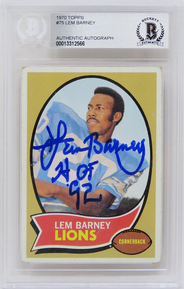 Lem Barney Autographed 1970 Topps Rookie Card #75 HOF 92 Beckett: Lem Barney Autographed 1970 Topps Rookie Card #75 HOF 92 Beckett This is a Lem Barney autographed 1970 Topps rookie card #75 from the Detroit Lions, featuring the inscription 'HOF 92'. The card has be