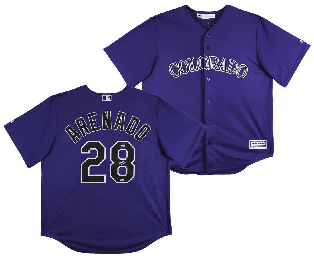 Nolan Arenado Signed Purple Rockies Majestic Jersey MLB Authenticated: Nolan Arenado Signed Purple Rockies Majestic Jersey MLB Authenticated This autographed purple Majestic Cool Base jersey has been personally signed by Nolan Arenado, the talented player from the Colora