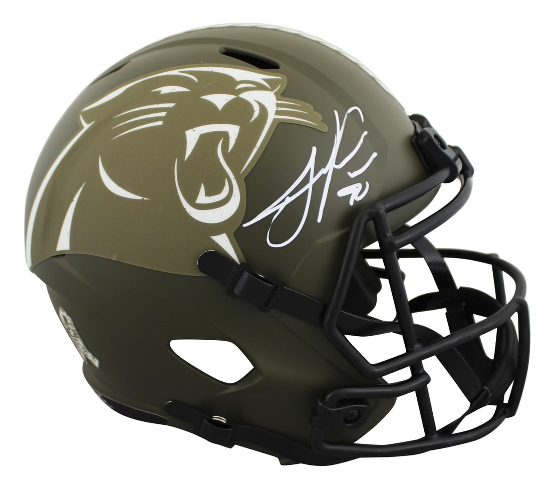 Julius Peppers Signed Panthers Full Size Helmet BAS Authenticated: Julius Peppers Signed Panthers Full Size Helmet BAS Authenticated This Autographed Alternate Salute To Service Full Size Speed Replica Helmet has been personally signed by Julius Peppers of the Caroli
