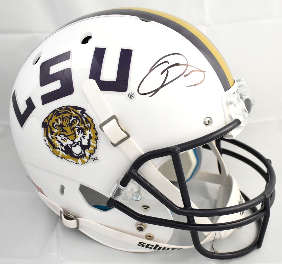 Odell Beckham Jr. Signed LSU Tigers Full Size Helmet JSA: Odell Beckham Jr. Signed LSU Tigers Full Size Helmet JSA This is an original, pre-owned LSU Tigers full-size white Schutt helmet autographed by Odell Beckham Jr. Perfect for collectors and fans of foo