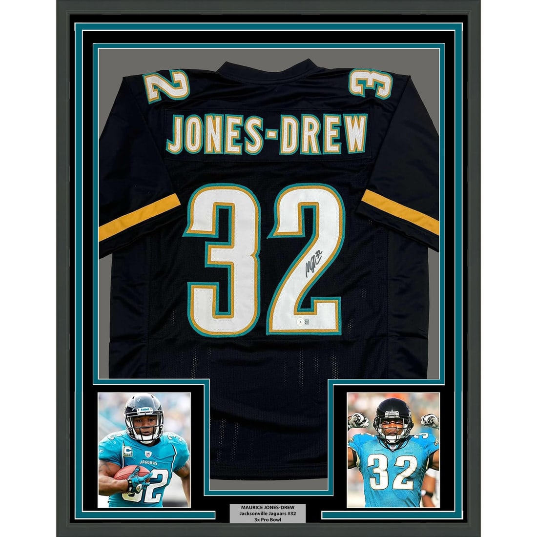 Framed Autographed Maurice Jones-Drew Jersey 35x39 Beckett COA NFL: Framed Autographed Maurice Jones-Drew Jersey 35x39 Beckett COA NFL Celebrate the legacy of Maurice Jones-Drew with this professionally framed and autographed black jersey. Measuring 35x39 inches, this
