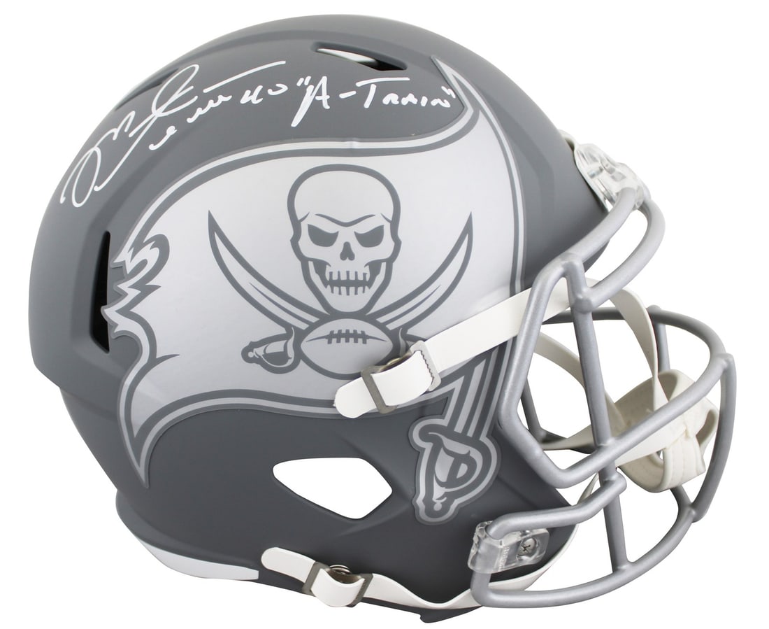 Mike Alstott Signed Buccaneers Slate Full Size Helmet with A-Train Inscription BAS Authenticated: Mike Alstott Signed Buccaneers Slate Full Size Helmet with A-Train Inscription BAS Authenticated This is an original Tampa Bay Buccaneers full-size speed replica helmet personally signed by Mike Alsto