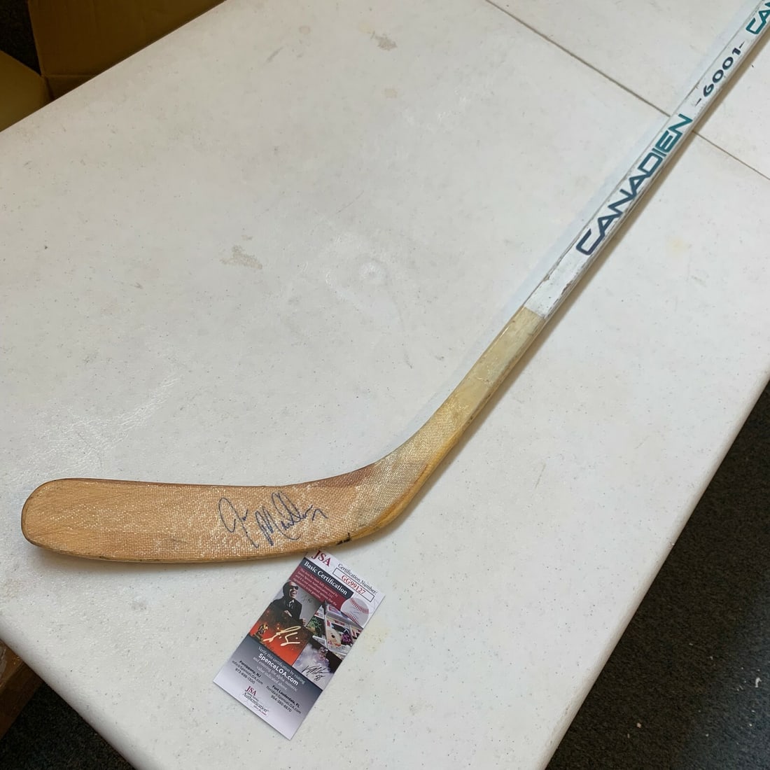 Joe Mullen Signed 1992 Game Used Hockey Stick Penguins JSA COA: Joe Mullen Signed 1992 Game Used Hockey Stick Penguins JSA COA This is a Joe Mullen signed game-used Canadian hockey stick from 1992, specifically associated with the Pittsburgh Penguins. The stick co