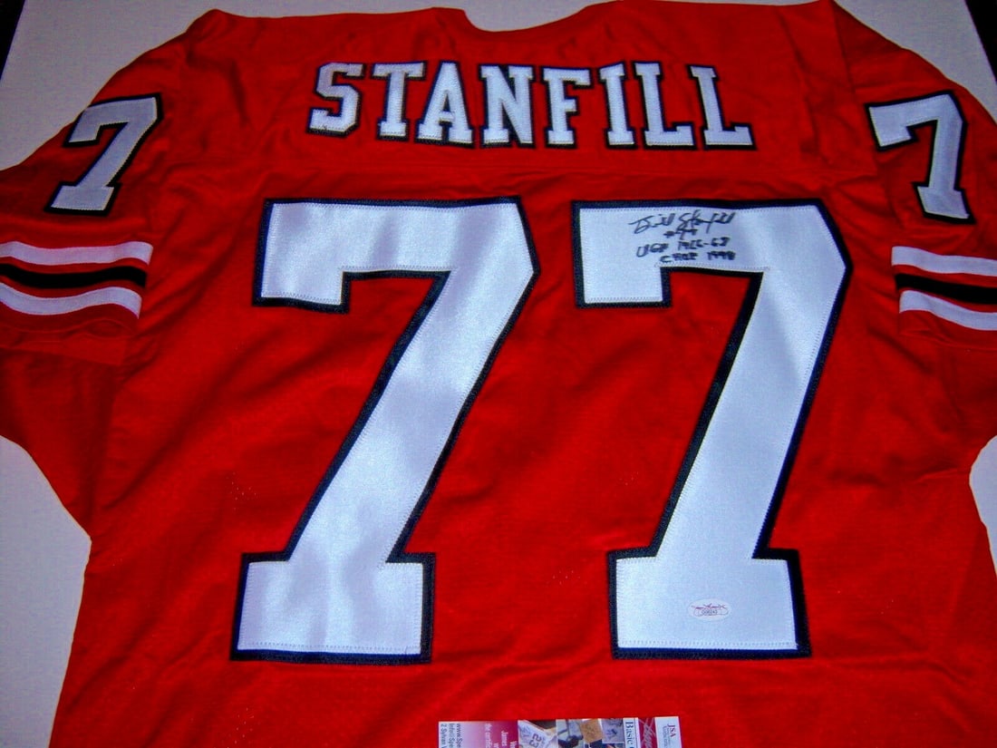 Bill Stanfill Signed Jersey Georgia Bulldogs 17-0 Dolphins JSA COA: Bill Stanfill Signed Jersey Georgia Bulldogs 17-0 Dolphins JSA COA This is an original signed jersey of Bill Stanfill, featuring the Georgia Bulldogs colors and the 17-0 Dolphins design. Ideal for foo