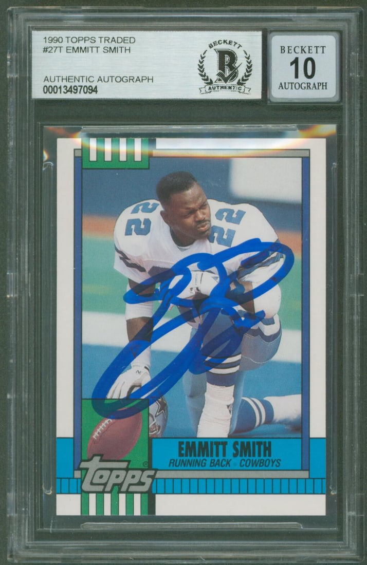 Emmitt Smith Signed 1990 Topps Traded Rookie Card Auto 10 Beckett Authentic: Emmitt Smith Signed 1990 Topps Traded Rookie Card Auto 10 Beckett Authentic This is a remarkable 1990 Topps Traded #27T Rookie Card personally autographed by Emmitt Smith, the legendary running back o