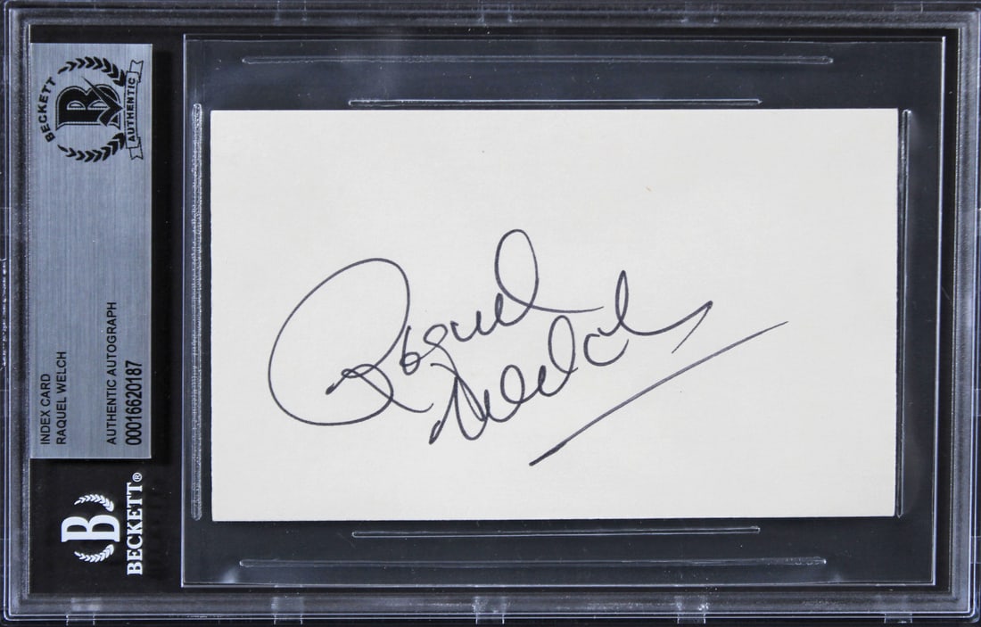 Raquel Welch Signed 3x5 Index Card The Three Musketeers Beckett Authenticated: Raquel Welch Signed 3x5 Index Card The Three Musketeers Beckett Authenticated This is a signed 3x5 index card featuring the autograph of Raquel Welch, renowned for her role in 'The Three Musketeers'.