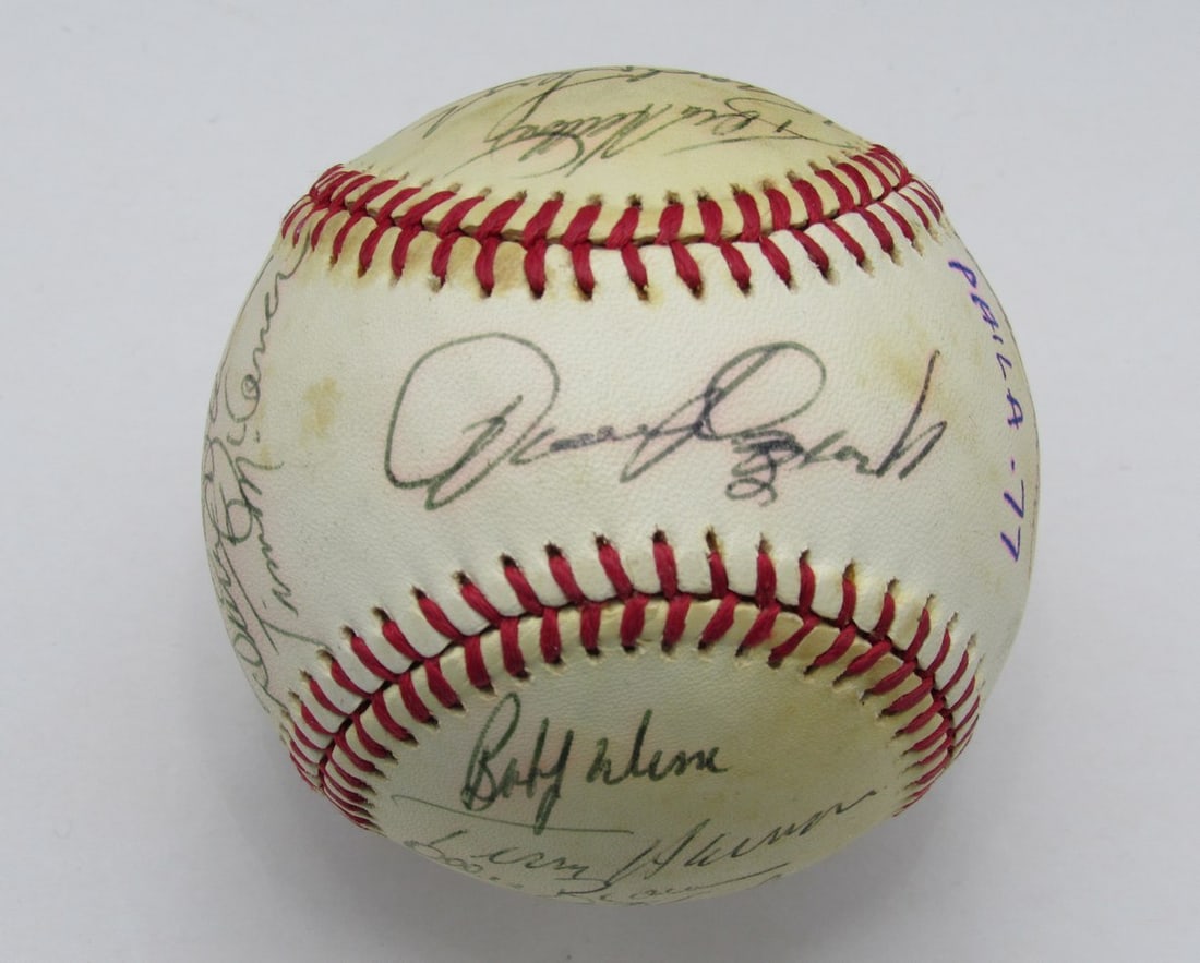1977 Phillies Team Signed ONL Baseball 19 Autographs NL East Champions: 1977 Phillies Team Signed ONL Baseball 19 Autographs NL East Champions This is a remarkable 1977 Philadelphia Phillies team-signed baseball, featuring the autographs of 19 players from the NL East Cha