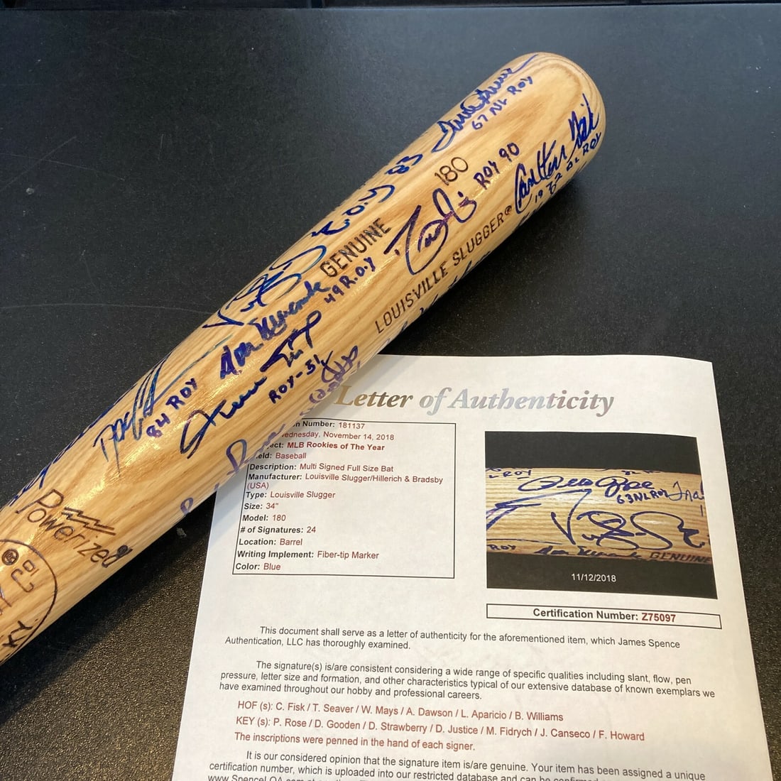 Signed Louisville Slugger Bat by 24 MLB Rookie of the Year Winners JSA Authenticated: Signed Louisville Slugger Bat by 24 MLB Rookie of the Year Winners JSA Authenticated Celebrate the legacy of baseball with this authentic Louisville Slugger bat, featuring the signatures of 24 Major L