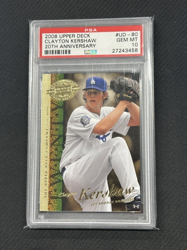 Clayton Kershaw 2008 Upper Deck PSA 10 Dodgers Rookie Card UD-80: Clayton Kershaw 2008 Upper Deck PSA 10 Dodgers Rookie Card UD-80 Celebrate the legacy of baseball with this Clayton Kershaw 2008 Upper Deck 20th Anniversary rookie card. Graded a perfect 10 by Profess