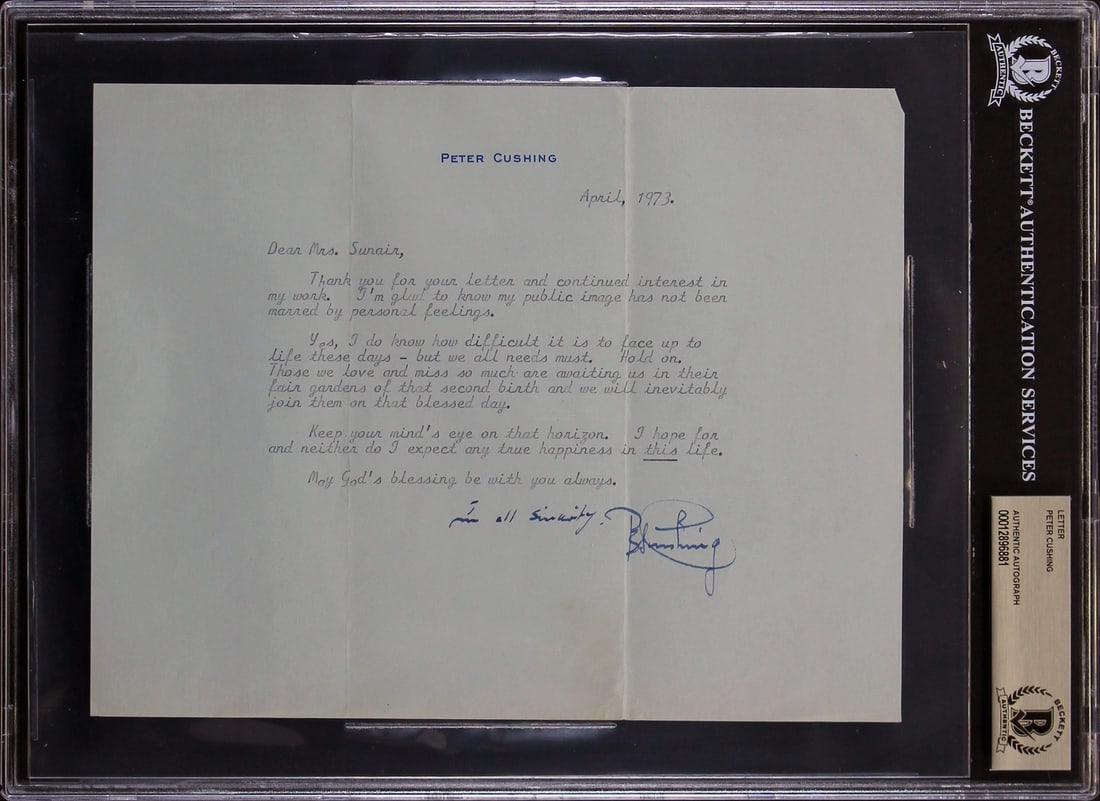 Peter Cushing Star Wars Signed Letter April 1973 BAS Authenticated: Peter Cushing Star Wars Signed Letter April 1973 BAS Authenticated This remarkable piece is a signed letter from the legendary Peter Cushing, known for his iconic role in Star Wars. Dated April 1973,