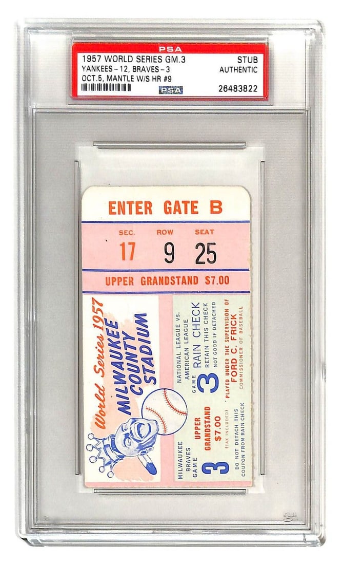 1957 World Series Game 3 Ticket Braves Yankees Mantle HR 9 Authentic: 1957 World Series Game 3 Ticket Braves Yankees Mantle HR 9 Authentic This authentic 1957 World Series Game 3 ticket features a match between the Milwaukee Braves and the New York Yankees, highlighting