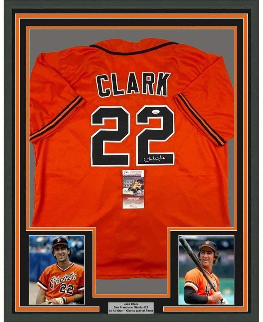 Framed Signed Jack Clark Jersey San Francisco Giants JSA COA 33x42: Framed Signed Jack Clark Jersey San Francisco Giants JSA COA 33x42 Celebrate the legacy of baseball legend Jack Clark with this professionally framed and matted autographed San Francisco Giants jersey