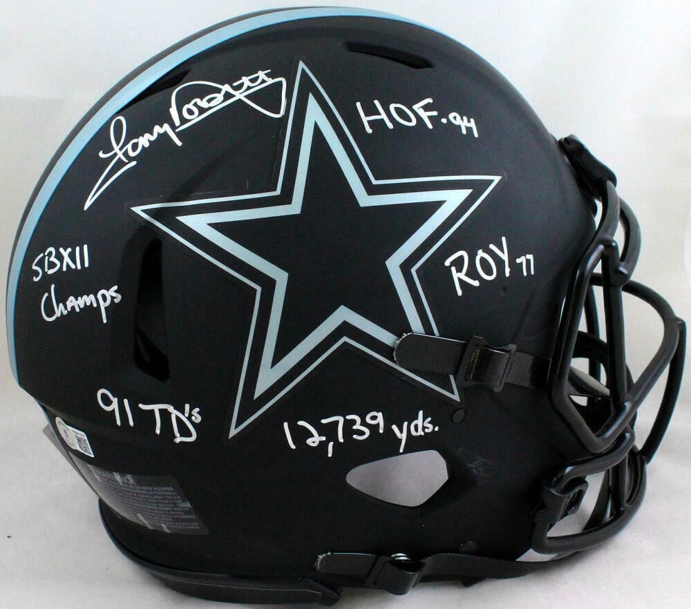 Tony Dorsett Signed Dallas Cowboys Eclipse Speed Helmet Beckett Authenticated: Tony Dorsett Signed Dallas Cowboys Eclipse Speed Helmet Beckett Authenticated This authentic full-size Eclipse Speed helmet is signed by Tony Dorsett, a legendary player from the Dallas Cowboys. The h