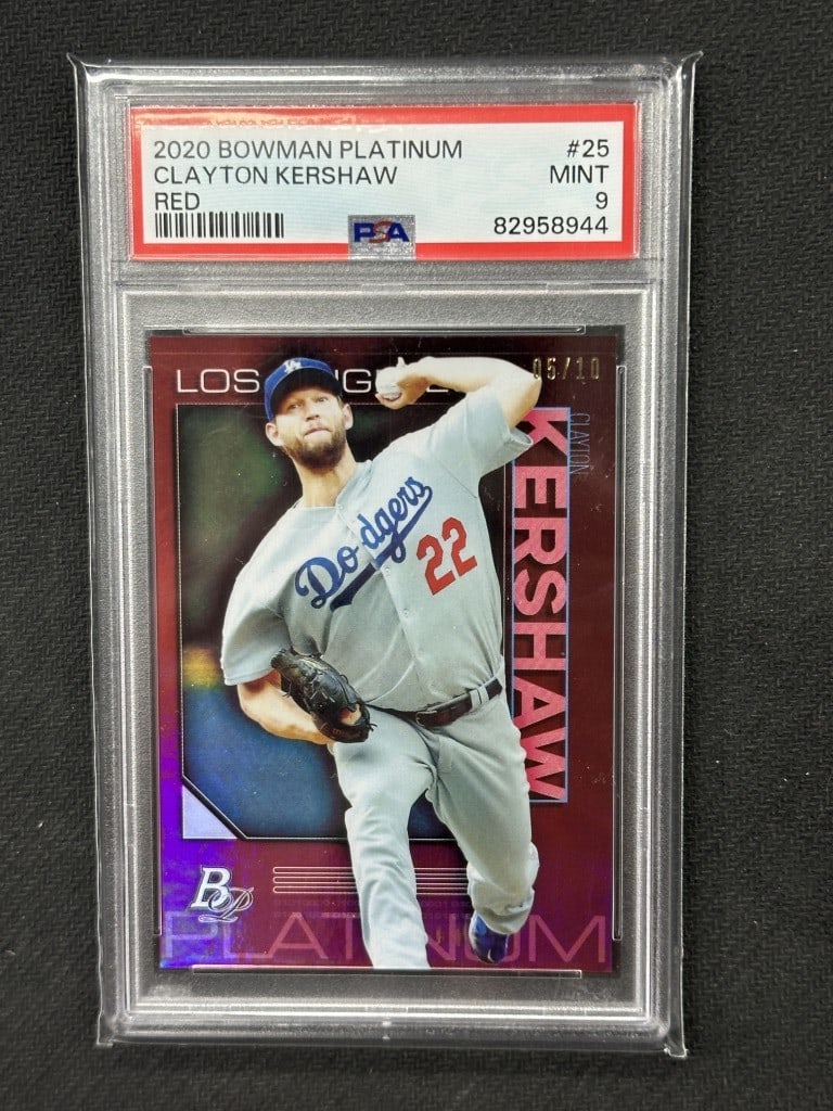 Clayton Kershaw 2020 Bowman Platinum Red Refractor PSA 9 Dodgers Card #25: Clayton Kershaw 2020 Bowman Platinum Red Refractor PSA 9 Dodgers Card #25 This is a 2020 Bowman Platinum Red Refractor baseball card featuring Clayton Kershaw, a prominent player for the Los Angeles D