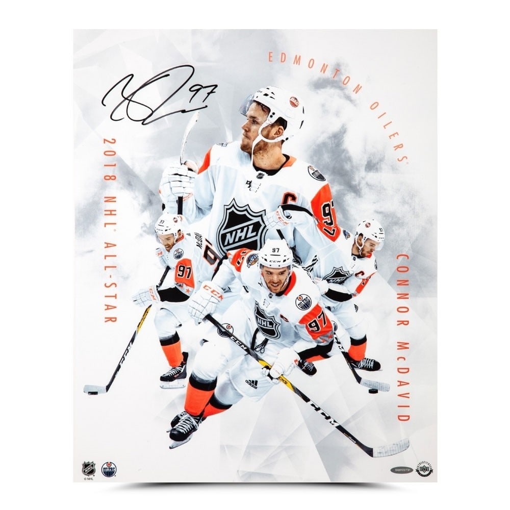 Connor McDavid Autographed 16x20 Photo All-Star 2018 Oilers Upper Deck: Connor McDavid Autographed 16x20 Photo All-Star 2018 Oilers Upper Deck Celebrate the talent of Connor McDavid with this autographed 16x20 photo, showcasing the superstar during the 2018 All-Star game.