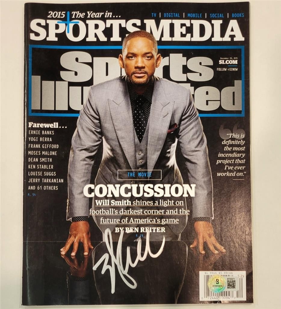 Will Smith Signed Sports Illustrated Magazine Beckett Authenticated: Will Smith Signed Sports Illustrated Magazine Beckett Authenticated This collectible features a Sports Illustrated magazine from the movie 'Concussion', signed by the acclaimed actor Will Smith. The a