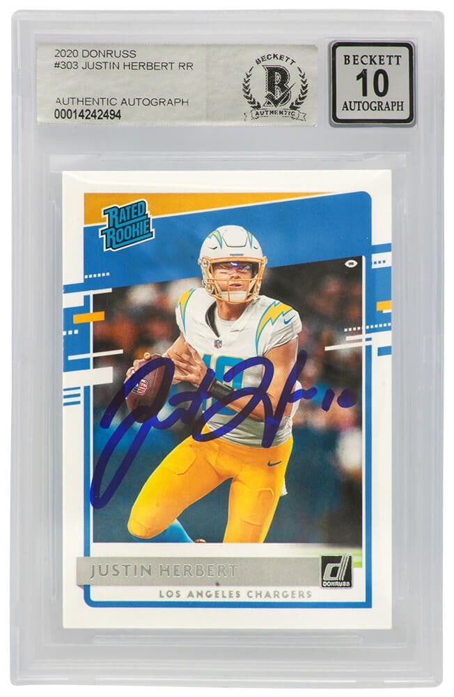 Justin Herbert Autographed 2020 Donruss Rated Rookie Card #303 Beckett Auto Grade 10: Justin Herbert Autographed 2020 Donruss Rated Rookie Card #303 Beckett Auto Grade 10 This is a Justin Herbert signed Los Angeles Chargers 2020 Donruss Rated Rookie football trading card, #303. The car