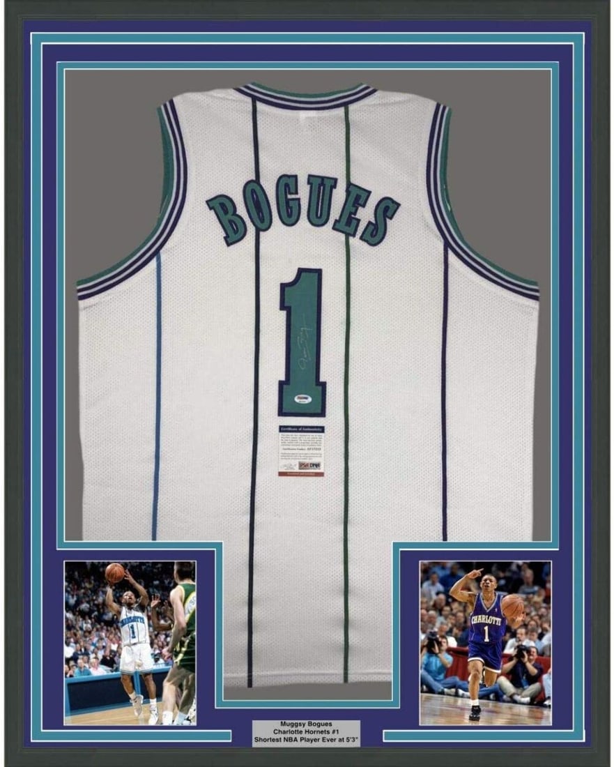 Framed Autographed Muggsy Bogues Charlotte Hornets Jersey PSA/DNA COA: Framed Autographed Muggsy Bogues Charlotte Hornets Jersey PSA/DNA COA This framed autographed jersey features Muggsy Bogues, the legendary NBA player, known for his impressive career with the Charlott